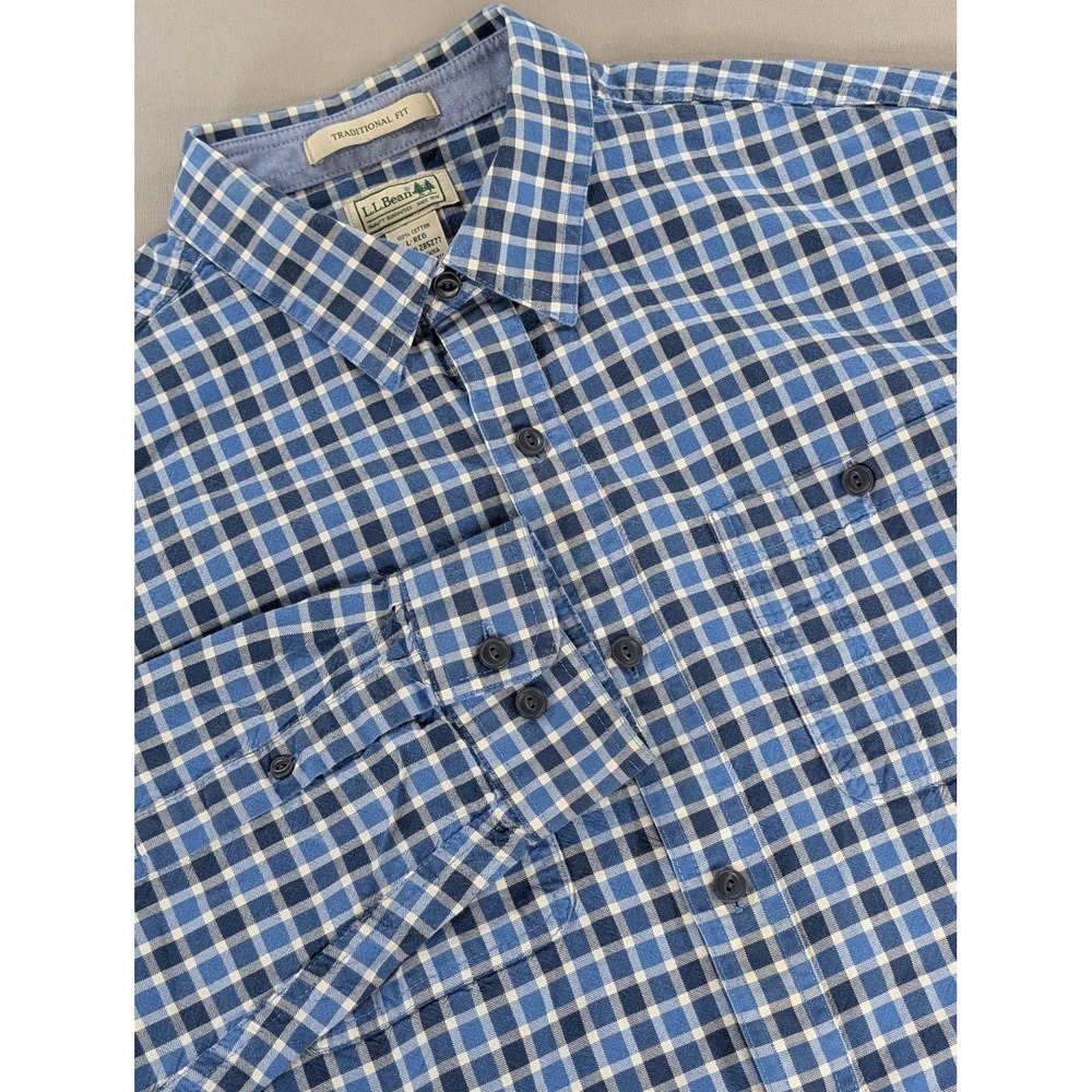 LL Bean Shirt Traditional Fit Mens L Blue Check Plaid Button Up Long Sleeve